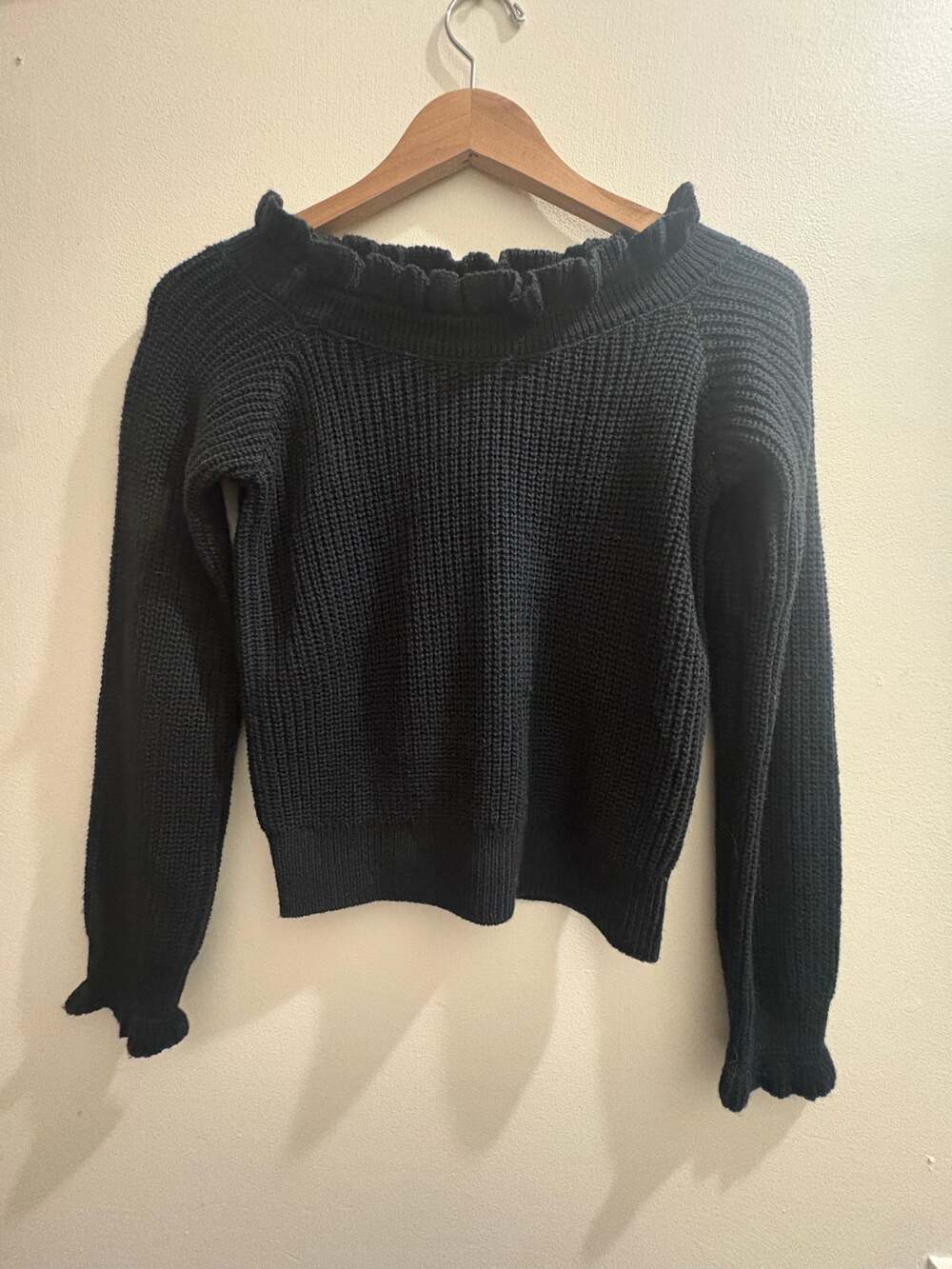 Lulus Black Shaker Knit Ruffle Neck Sweater